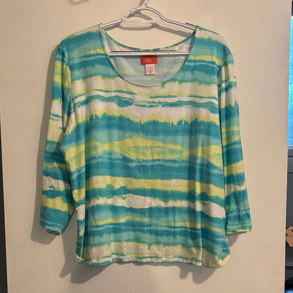 3/$5🌷 Hearts of Palm Blue and Yellow Striped Blouse